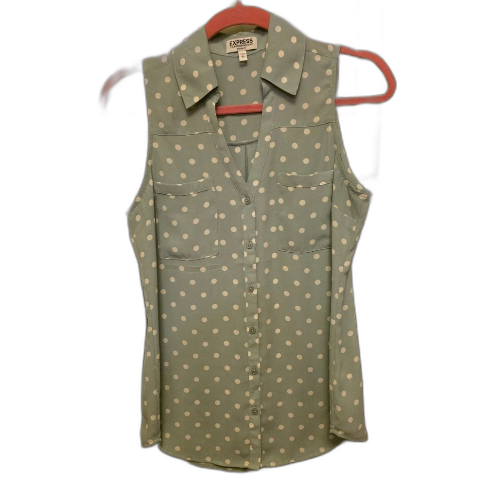 Express Sleeveless Button Down Shirt - Green Polka Dot